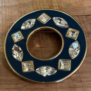 Gold and Blue Circular Brooch with Gem Accents